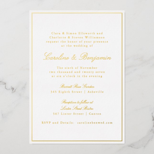Formal Classic Gold Border Elegant Script Wedding  Foil Invitation (Front)