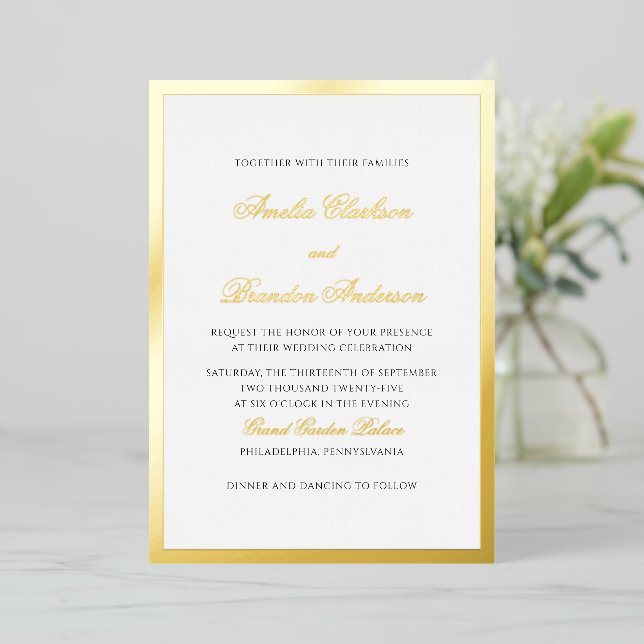 Formal Classic Gold Thick Border & Script Wedding Foil Invitation (Standing Front)