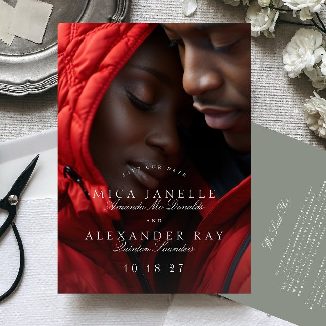 Formal Classic Gray Green Calligraphy Photo Save The Date (Creator Uploaded)