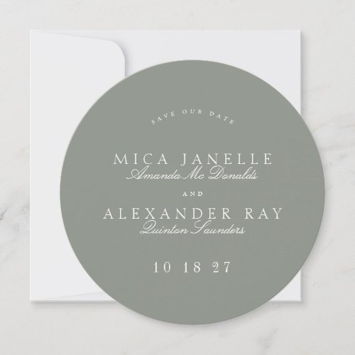 Formal Classic Gray Green Calligraphy Round Photo Save The Date