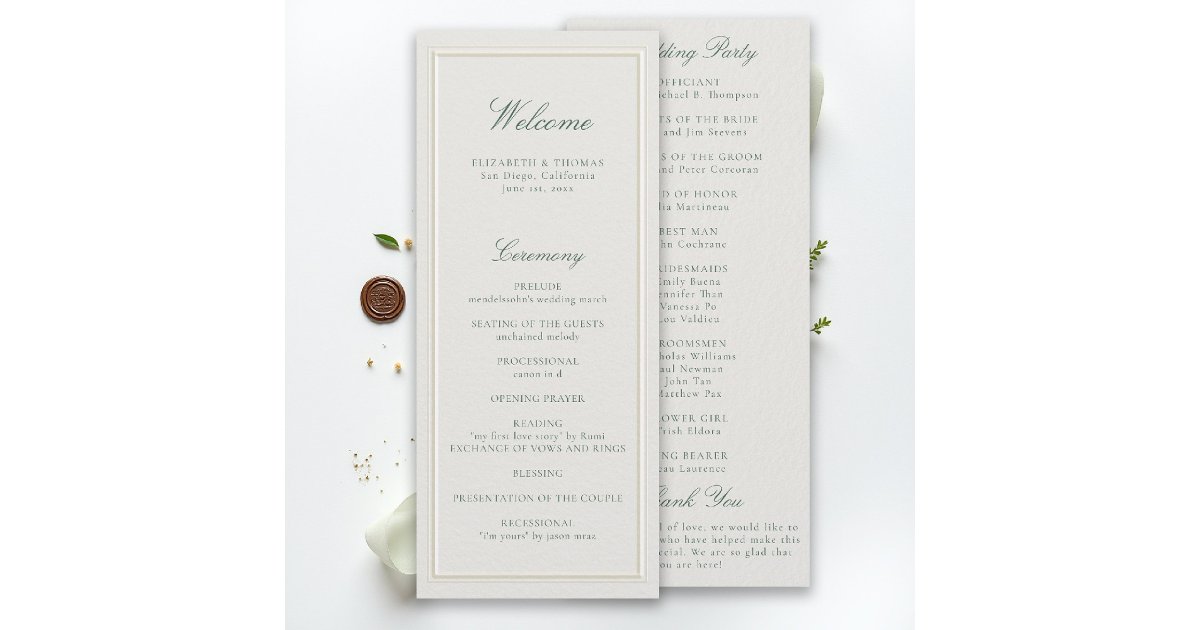 Formal Classic Green Ecru Frame Wedding Program | Zazzle