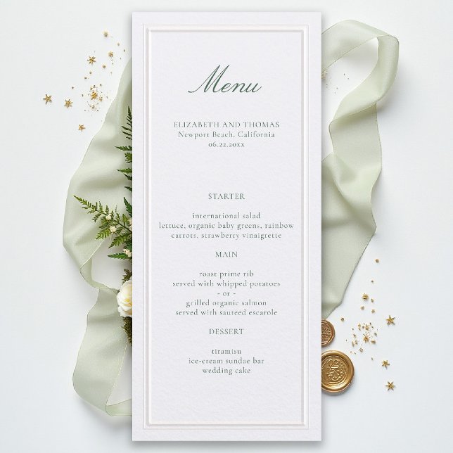 Formal Classic Green Elevated Frame Pearl Wedding Menu (formal wedding menu modern classic pearl white double frame green calligraphy)