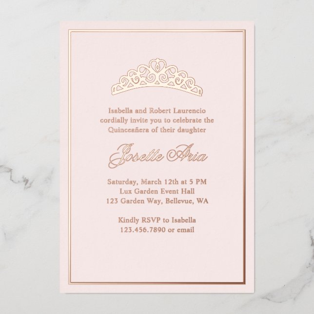 Formal Classic Luxury Blush Pink Quinceanera Foil Invitation (Front)