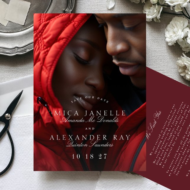Formal Classic Maroon Burgundy Calligraphy Photo Save The Date (Creator Uploaded)