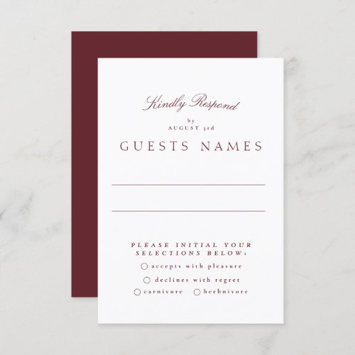 Formal Classic Maroon Burgundy Calligraphy Wedding RSVP Card