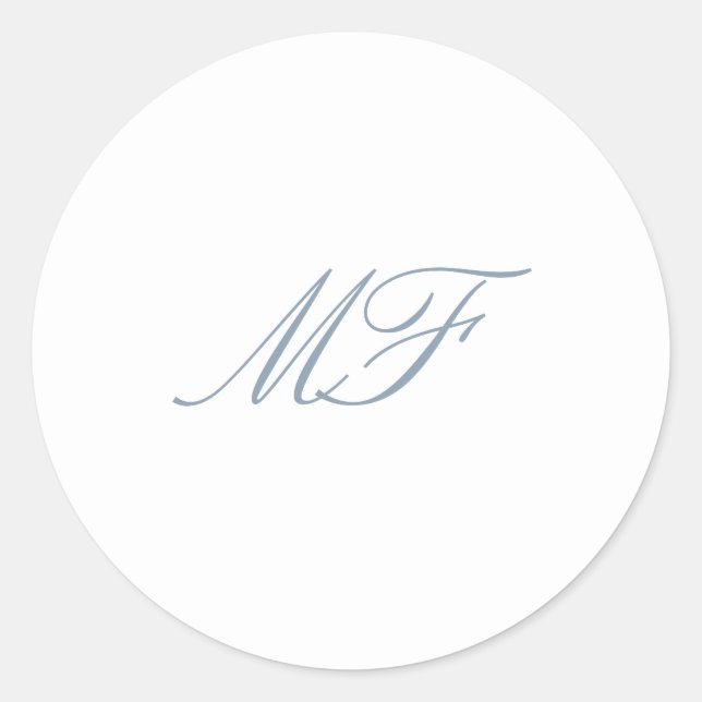 Formal Classic Monogram Dusty Blue White Wedding Round Sticker (Front)