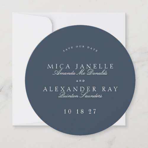 Formal Classic Navy Blue Calligraphy Round Photo Save The Date