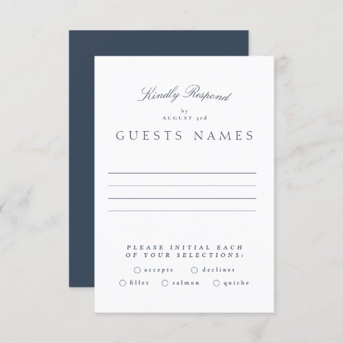 Formal Classic Navy Blue Calligraphy Wedding RSVP Card