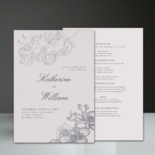 Formal Classic Orchids All in One Wedding Silver Foil Invitation