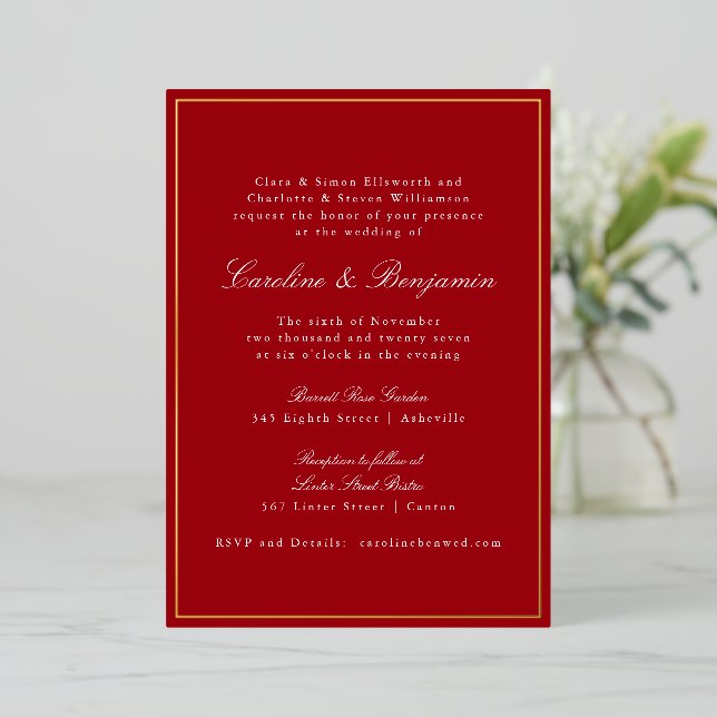 Formal Classic Red Gold Border Elegant Wedding  Foil Invitation (Standing Front)