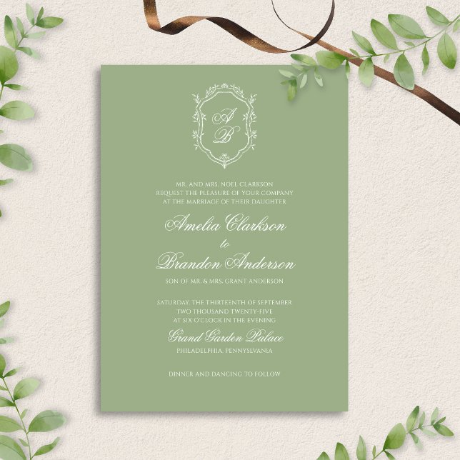 Formal Classic Sage Green Monogram Crest Wedding Invitation (Creator Uploaded)