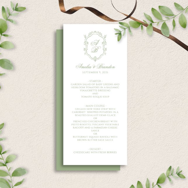 Formal Classic Sage Green Monogram Crest Wedding Menu (Creator Uploaded)