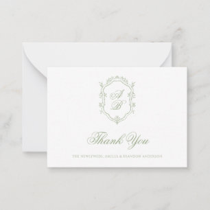 Formal Classic Sage Green Monogram Crest Wedding Note Card