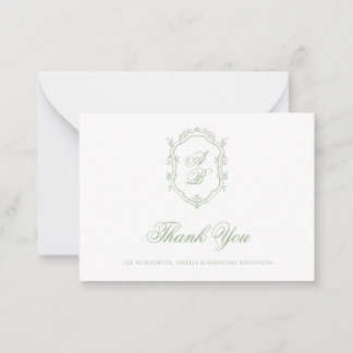 Formal Classic Sage Green Monogram Crest Wedding Note Card