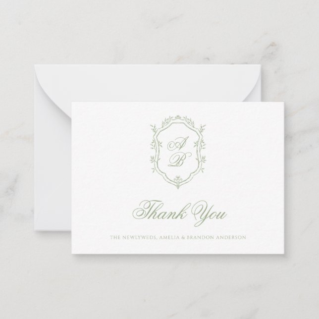 Formal Classic Sage Green Monogram Crest Wedding Note Card (Front)