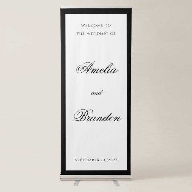Formal Classic Script Black and White Wedding Retractable Banner (Front)