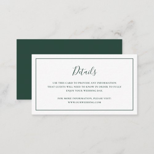 Formal Classic Simple Forest Green Elegant Wedding Enclosure Card