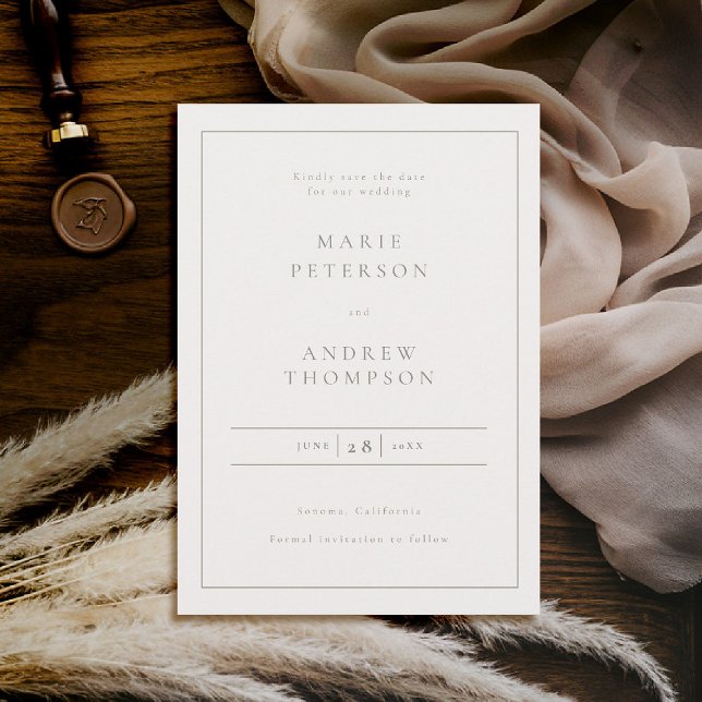 Formal Classic Typography Delicate Frame Wedding Save The Date (classic wedding save the date card elegant frame formal traditional ecru black tie typography)