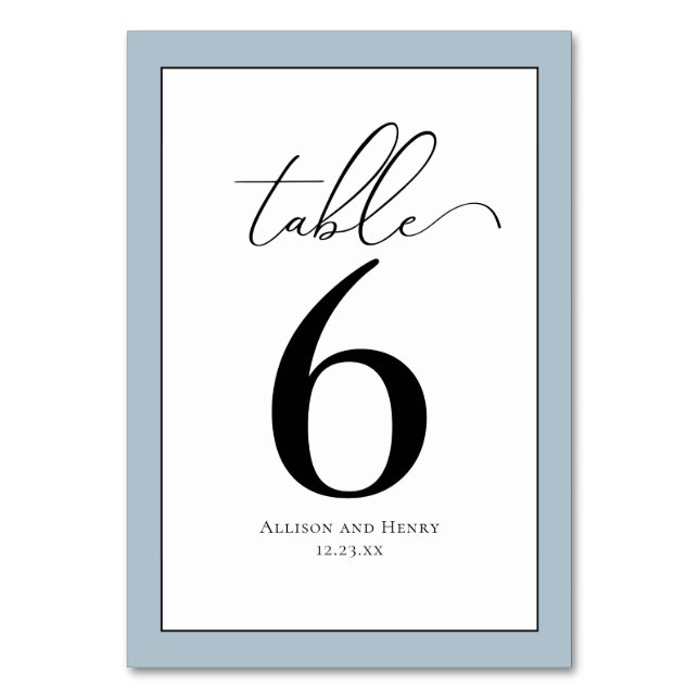 Formal Classy Black White Blue Wedding Reception Table Number (Front)