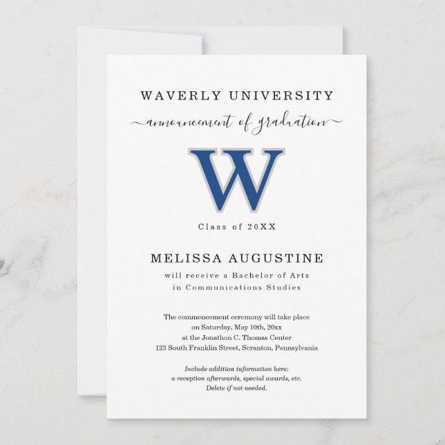 Formal College Graduation Announcement School Logo (Front)