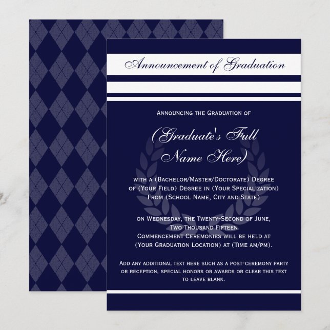 Formal College Graduation Announcements (Blue) (Front/Back)