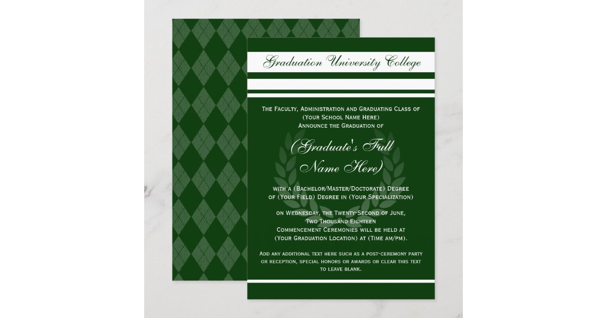 Formal College Graduation Announcements (Green) Zazzle