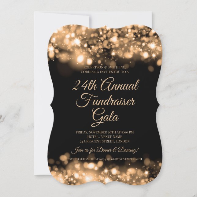 Formal Corporate Fundraiser Gold Glam Lights Invitation (Front)