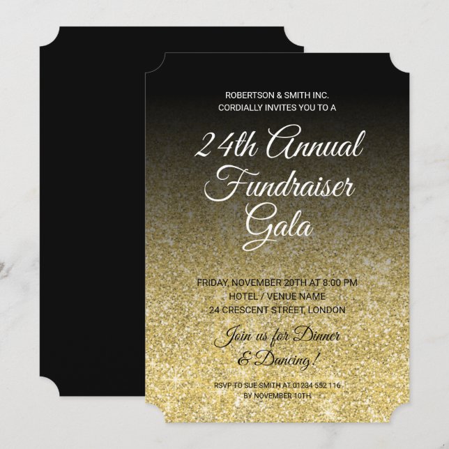 Formal Corporate Fundraiser Gold Glitter Black Invitation (Front/Back)