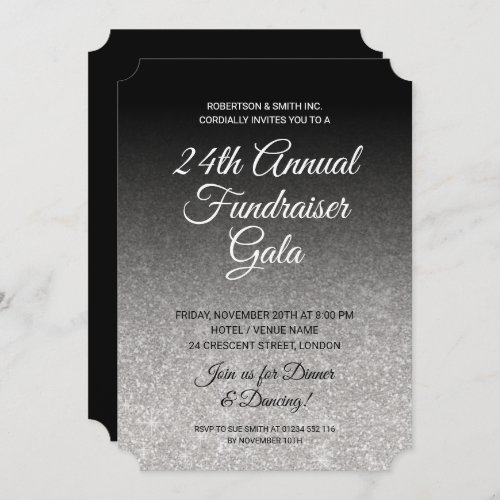Formal Corporate Fundraiser Silver Glitter Black Invitation