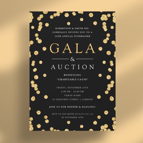 Formal Corporate Gala  Auction Gold Glitter Black Invitation