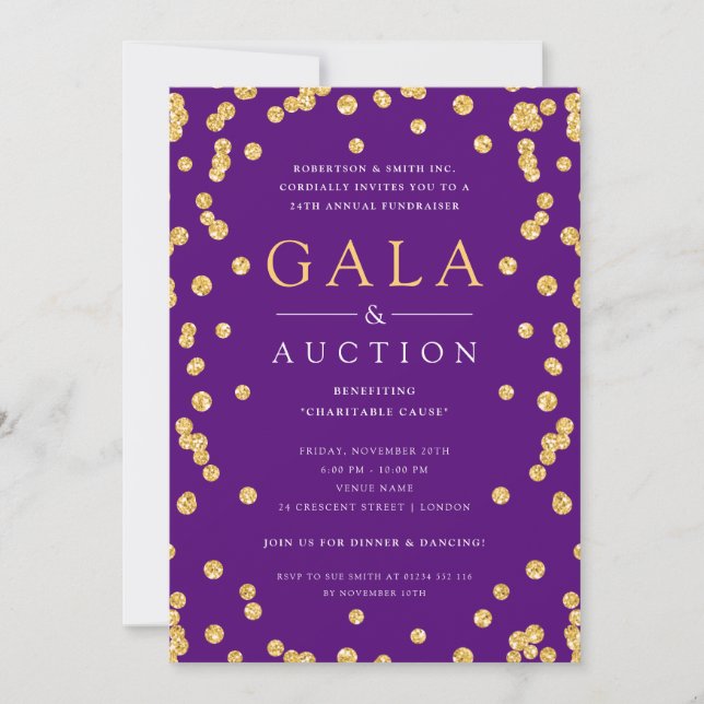 Formal Corporate Gala Auction Gold Glitter Purple Invitation (Front)