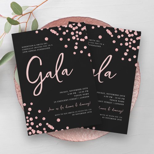 Formal Corporate Gala Rose Gold Confetti Black Invitation