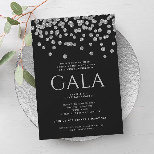 Formal Corporate Gala Silver Blac Glitter Confetti Invitation