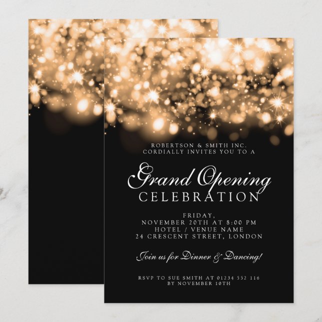 Formal Corporate Grand Opening Gold Lights Invitation (Front/Back)