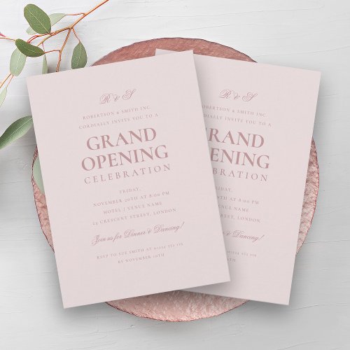 Formal Corporate Grand Opening Monogram Blush Pink Invitation