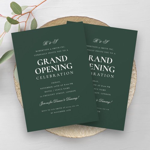 Formal Corporate Grand Opening Monogram Green  Invitation