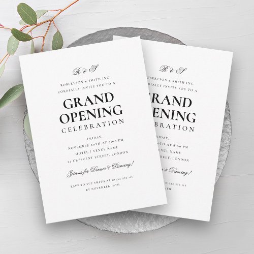 Formal Corporate Grand Opening Monogram White  Invitation