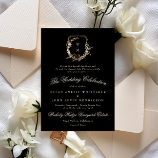 Formal Cream & Black Monogram Gold Wreath Wedding Invitation