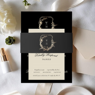 Formal Cream & Black Monogram Gold Wreath Wedding Invitation Belly Band