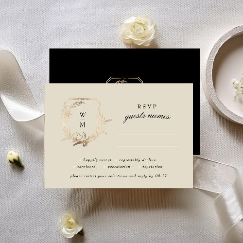 Formal Cream  Black Monogram Gold Wreath Wedding RSVP Card