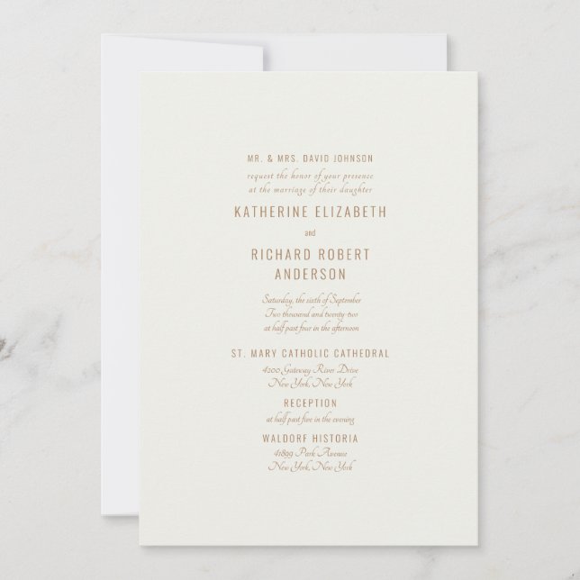 Formal  Cream Gold Text Two Venue Bride Parents  Invitation (Front)