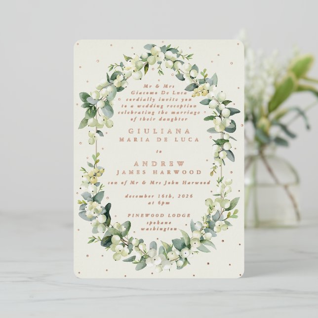 Formal Cream Snowberry+Eucalyptus Reception Only Foil Invitation (Standing Front)