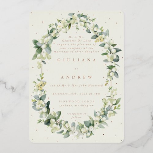 Formal Cream SnowberryEucalyptus Winter Wedding Foil Invitation