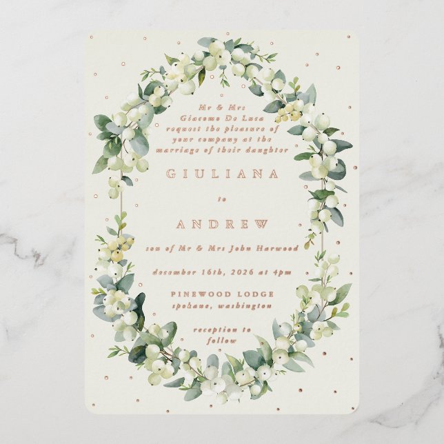 Formal Cream Snowberry+Eucalyptus Winter Wedding Foil Invitation (Front)