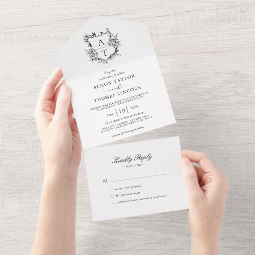 Formal Crest Black and White Monogram Wedding All In One Invitation