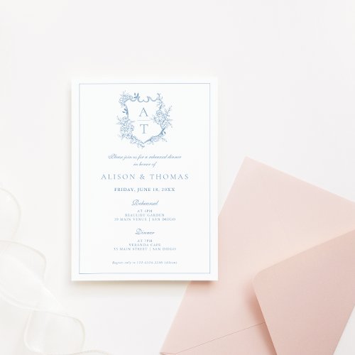 Formal Crest Dusty Blue Rehearsal Dinner Invitation