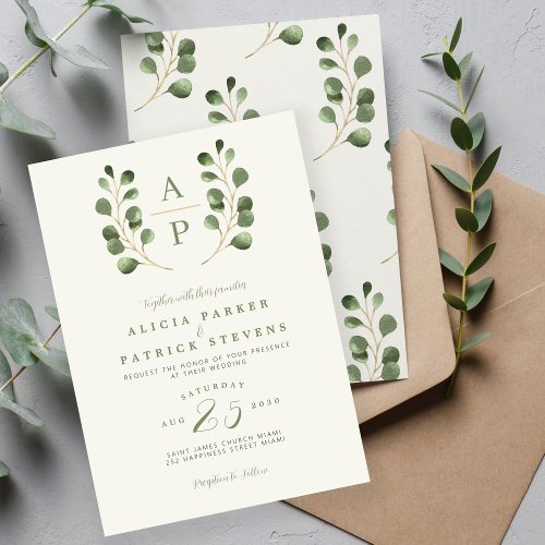 Formal crest monogram sage green leaves wedding  invitation
