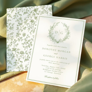 Formal Crest Sage Green Monogram Wedding Invitation