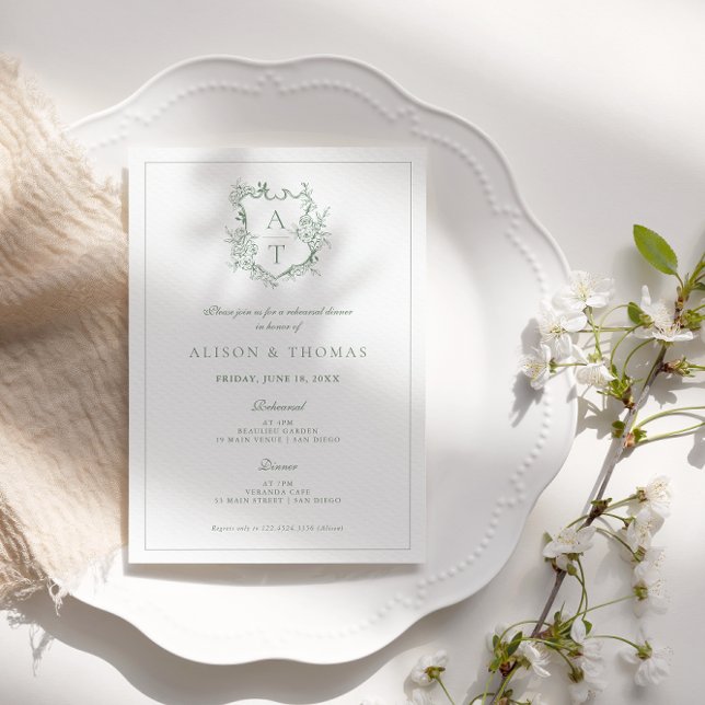 Formal Crest Sage Green Rehearsal Dinner Invitation (Creator Uploaded)