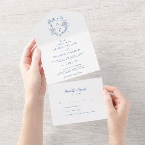 Formal Crest Vibrant Blue Monogram Wedding All In One Invitation